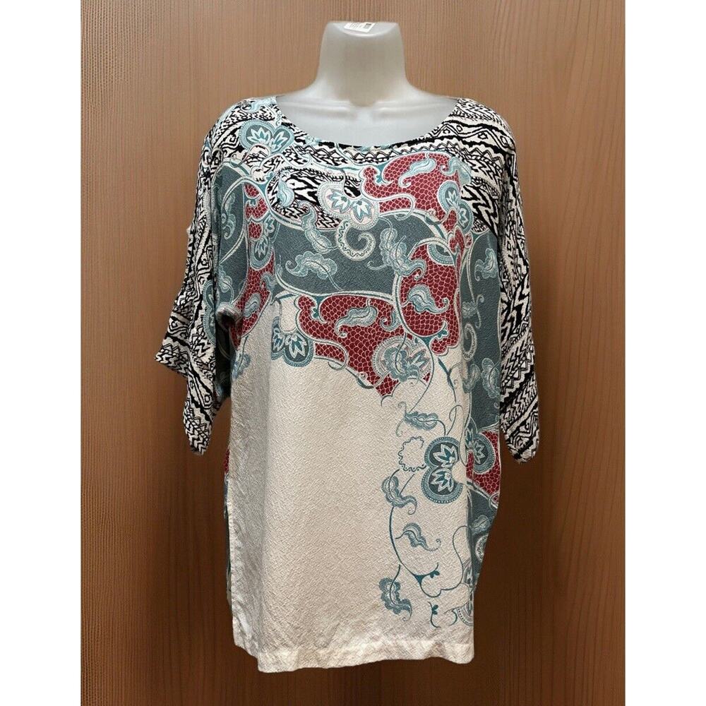 Dressori Multi Color Kimono Sleeve 100% silk Print Blouse Top Size Small